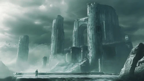 Storm-laden ruins breathe over a lone wanderer’s approach