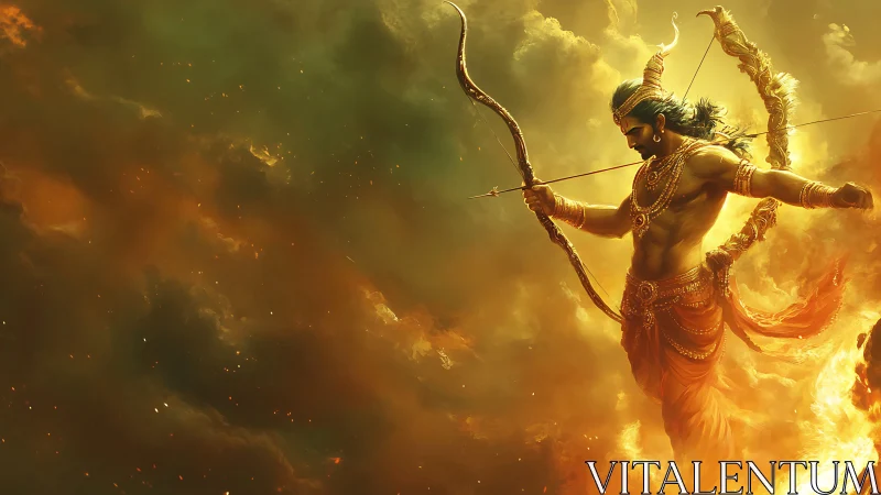 Mythic archer deity in flaming golden storm cloud vortex