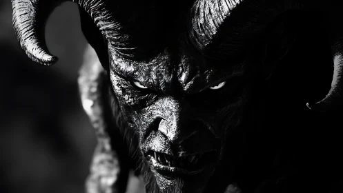 Shadowed horned demon gazing back with fierce intensity.