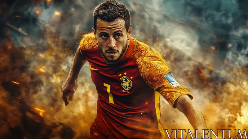 Dynamic football portrait with motion blur and fiery particle effects
