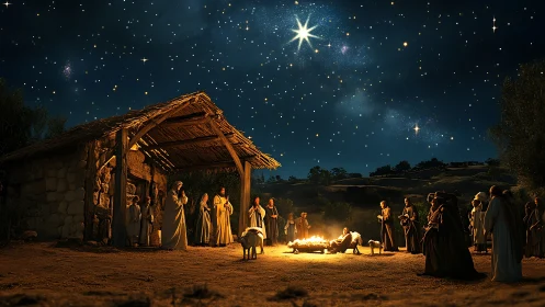 Star-lit nativity gathering glows under a tranquil winter sky