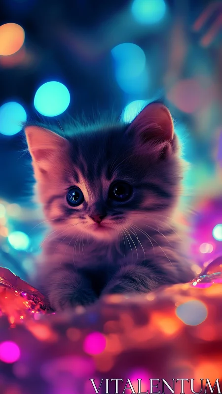 Neon Kitten Surrounded by Luminescent Bokeh Lights.