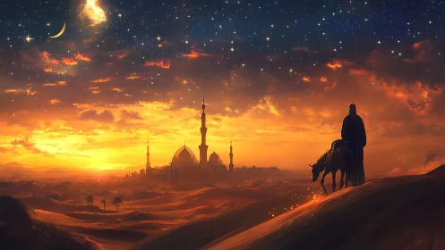 Golden desert sunset watching over a distant dreamlike city.