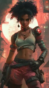 Fearless cyberpunk heroine stands bold in neon dusk streets