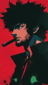 Brooding anime smoker in high-contrast red noir portrait.