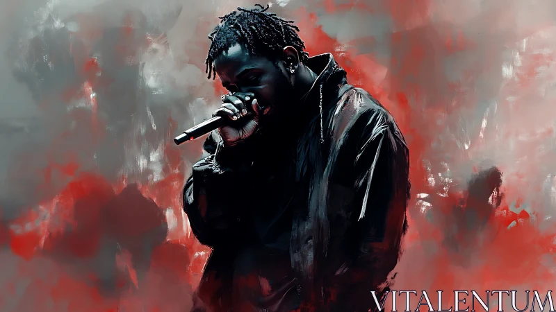 Dark-clad vocalist grips microphone against red grey haze