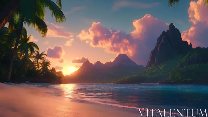 Tropical Coastline at Sunset with Mountain Formation.