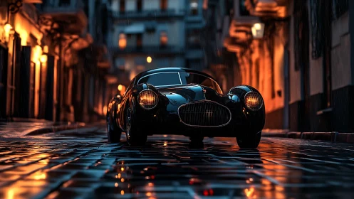 Classic black sports car parked on wet cobblestone street