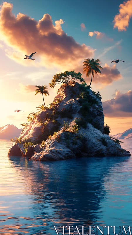 Tropical Island Paradise at Golden Sunset.