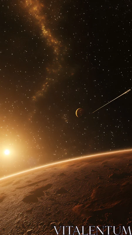 Sunlit red planet horizon with distant moon and comet trail.