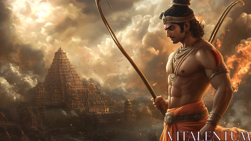 Mythic warrior with bow before vast stone temple city.