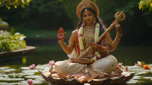 Serene goddess figure on lotus over reflective garden pool.