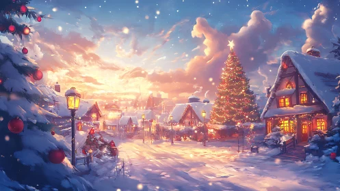 Snowy village square with glowing Christmas tree at dusk.