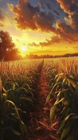 Sunset light across cornfield path under dramatic clouds.