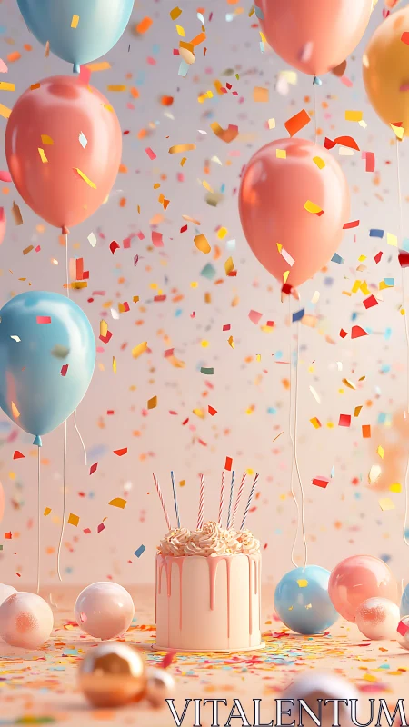 Celebratory 3D Composition with Floating Balloons and Confetti
