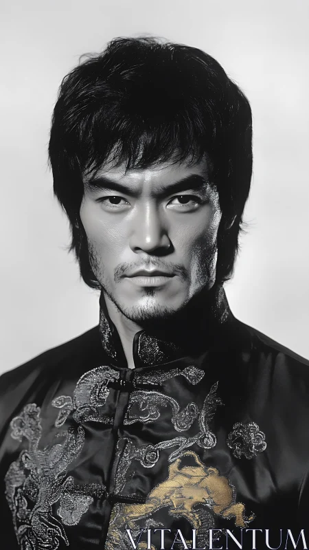 Intense portrait of martial artist in ornate dragon jacket.