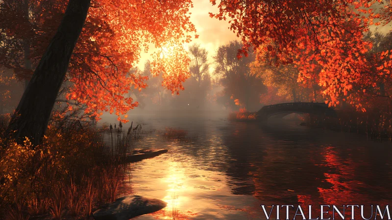 Autumn trees surround a misty river at sunrise with bridge