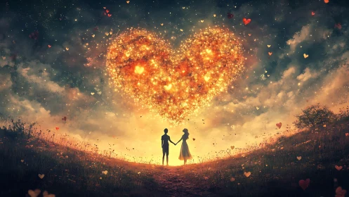 Luminescent heart silhouette materializes above silhouetted couple amid particle dispersal