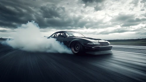 Black drift car sliding on wet track under stormy clouds.