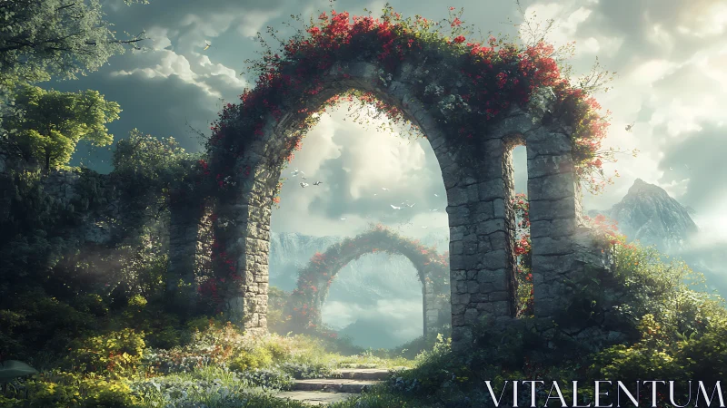 Sunlit stone arches lead into a misty enchanted valley