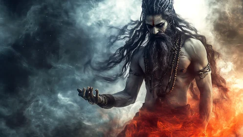 Ascetic demigod commands swirling fire and smoke storm