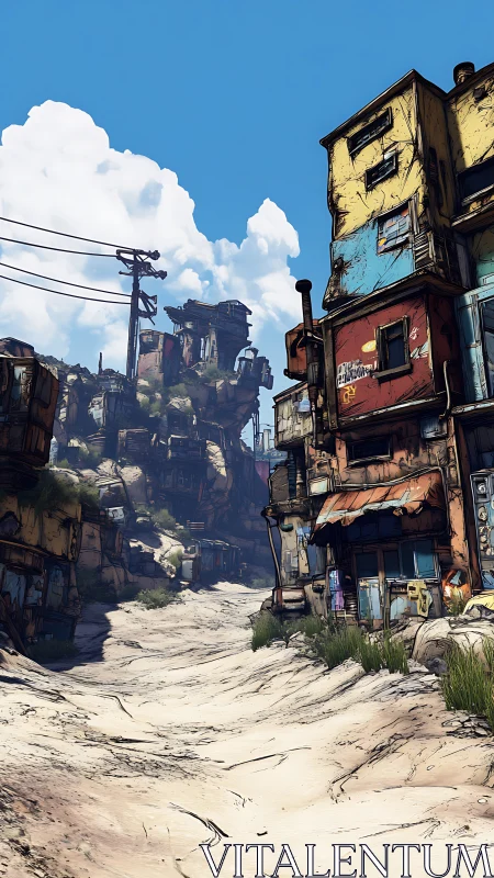 Sunlit desert alley winding through colorful worn shacks.