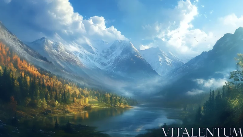 Sunlit alpine lake rests beneath towering snow peaks