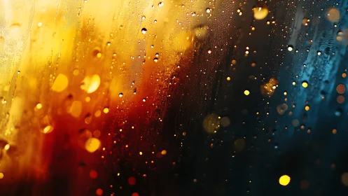 Photorealistic bokeh droplets on glass in warm cool gradient.