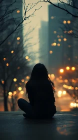 Cinematic silhouette in misty city bokeh composition.