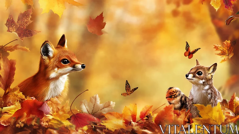 Autumn forest tableau with hyper-detailed fox, chipmunk and leaves