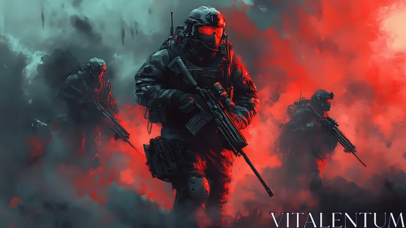 Armored tactical soldiers advancing through red smoke.