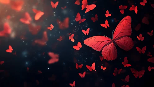 Red butterflies swarm across dark background in sharp focus