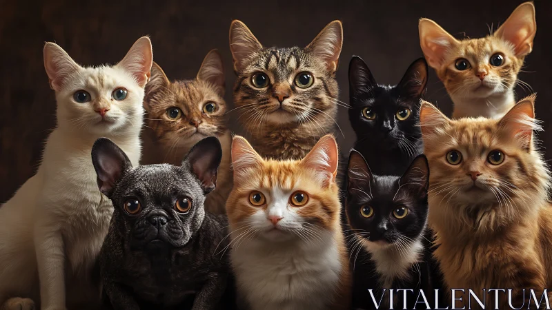 Portrait of Nine Domestic Pets Gazing Forward.