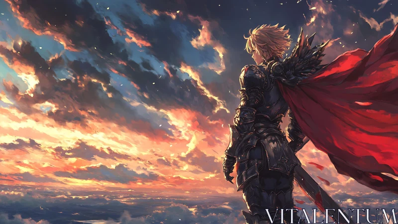 Armored warrior with red cape facing dramatic sunset sky.