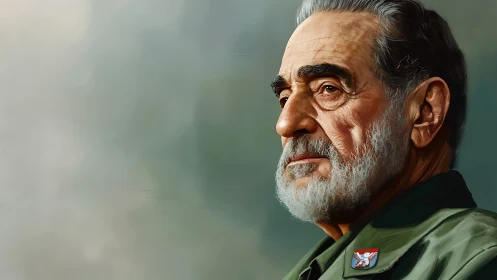 Older bearded man in uniform against soft blurred background.