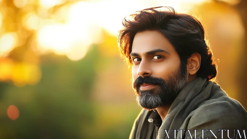 Bearded man looks at camera outdoors in warm sunset light