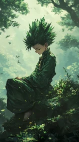 Solitary green-haired youth meditates on sunlit forest ledge