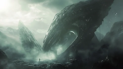 Colossal extraterrestrial ringwreck in glacial fog basin.