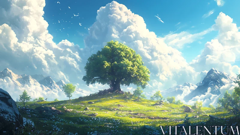 Isolated tree on elevated meadow with distant mountain range.