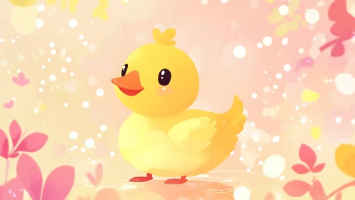 Cute yellow duckling stands in glowing pastel garden light