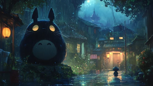 Large forest spirit and child in rainy lantern lit village