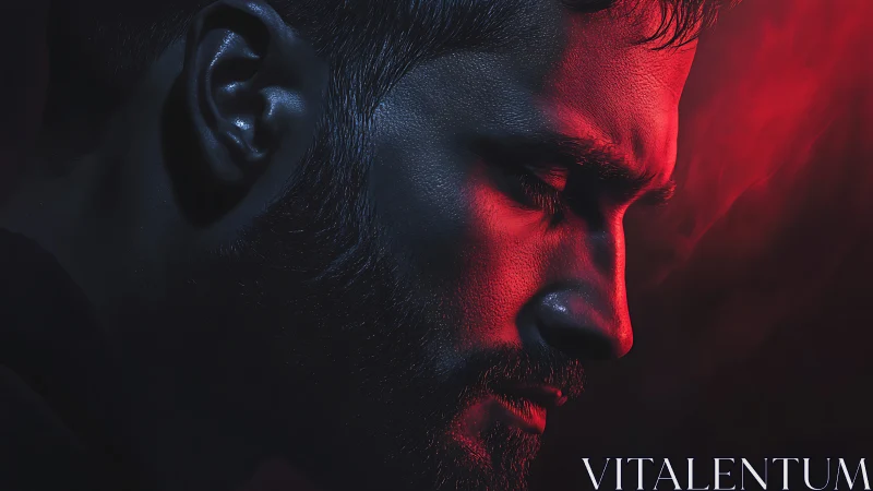 Side-lit male profile shows high-contrast red and blue lighting