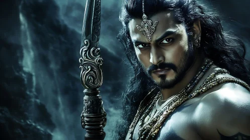 Warrior prince gazes forward in stormlit fantasy portrait