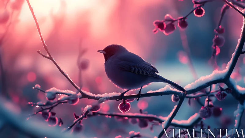 Winter's Small Visitor Rests Among Frosted Berries.