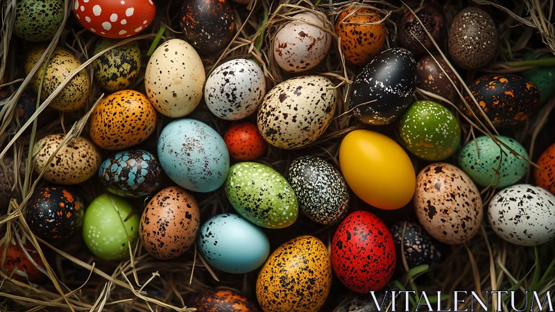 Speckled multicolor eggs cluster rests in rustic straw nest.