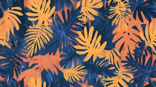 Bold tropical leaf pattern in orange and deep blue tones.