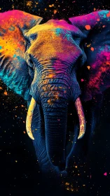 Chromatic tusked elephant under high-contrast paint burst field.