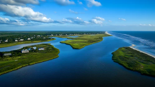 Coastal river gently meeting the sea under bright blue skies.
