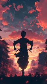 Silhouetted warrior strides through burning city at cinematic dusk