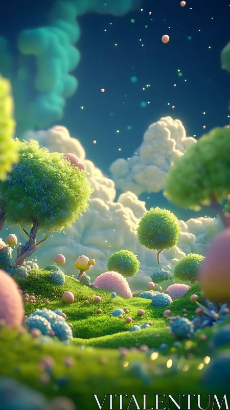 Whimsical 3D meadowscape renders soft-lit fantasy clouds
